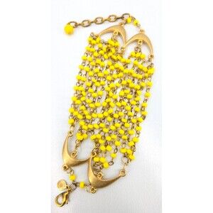 David Aubrey Bracelet Signed Yellow Glass Beads Gold Tone 8in wide strand